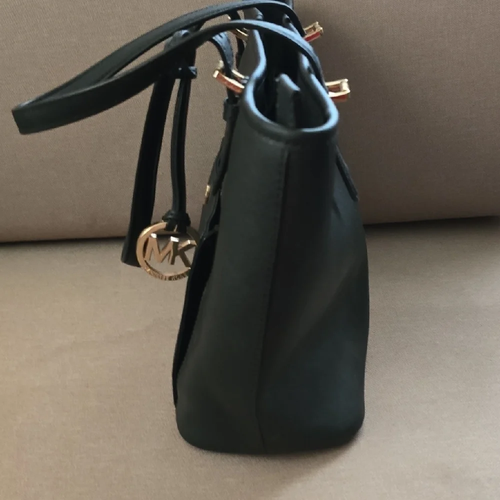 Michael Kors Jet Set Black Medium Saffiano Leather Tote with Gold Accents